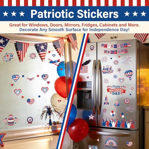 Image of 9 Sheets 4th of July Window Clings, Patriotic Red White and Blue Window Stickers with USA Flag, Eagle, Reusable Static Decals for 250th Anniversary Independence Day, Memorial Day