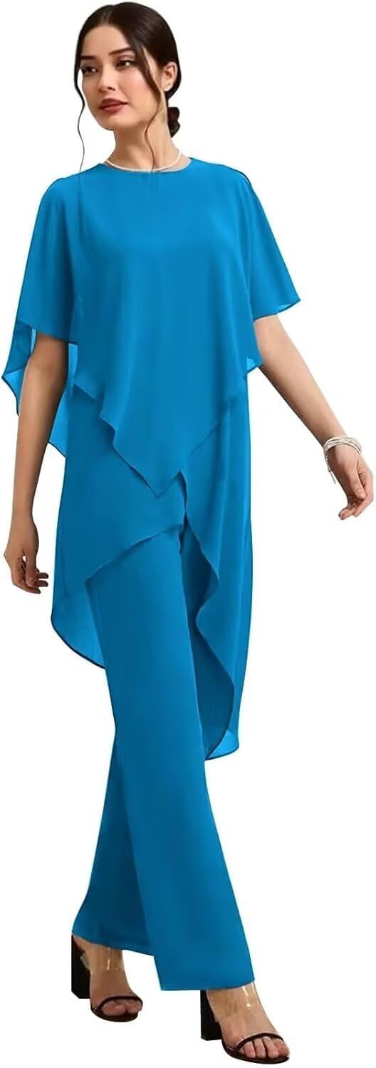 WinKitor 2 Pieces Mother of The Bride Pant Suits Chiffon Half Sleeves Women Dressy Outfits for Wedding Guest KW007