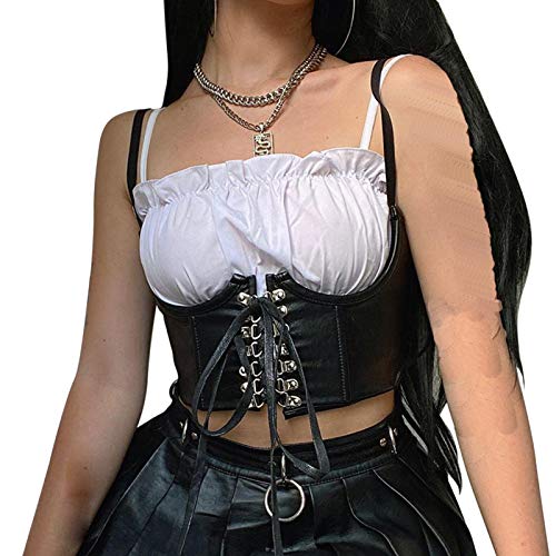 WomenÂ´s Sexy Corset PU Leather Bustier Crop Top Gothic Punk Push Lace Up WomenÂ´s Corset Top Bra Black (Black , S )
