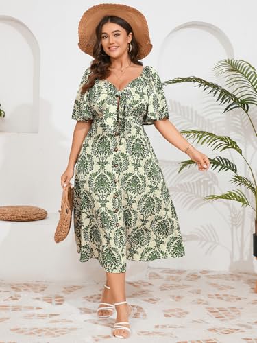 Image of SCOMCHIC Plus Size Summer Dress Casual Short Sleeve Bow Tie Deep V Neck Smocked Button Down Midi Flowy A-line Boho Dresses