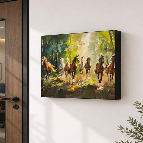 Image of Electric MCB Box Cover Frame With Hydraulic Decorative Painting White 8 Running Horse Painting Electrical Panel box Cover, Switch Box Frame Will Fit Max 10x14 inch Switch Board, Outer Size 13X17 Inch