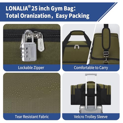 Image of 56L Travel Duffle Bag - 25 inch Overnight Weekender Bag with Trolley Sleeve for Travel Camping Gym Sport (Olive Green)