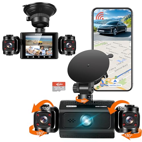 3 Channel Dash Cam WiFi FHD 2K Car Camera with 64GB Card, WIZACE 270° Front Dash Camera Front and...