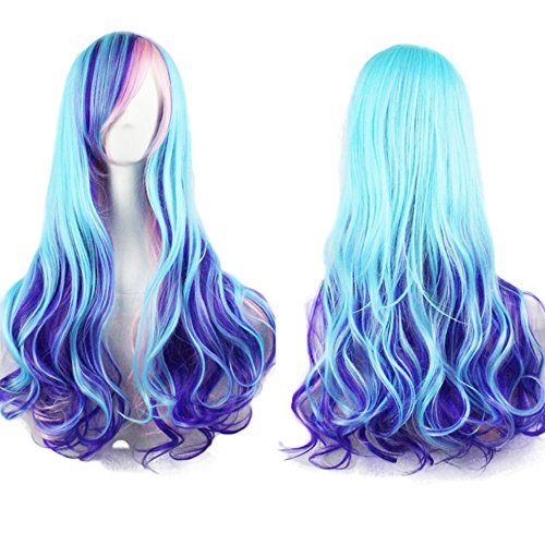 netgo Women Long Curly Gradient Blue & Purple Party Cosplay Costume Wig with Side Bang