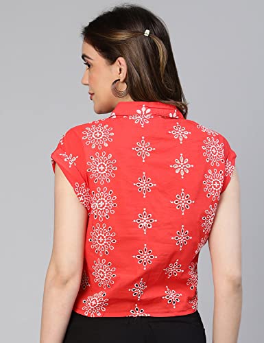 Image of oxolloxo Women Floral Print Tie-Knotted Cotton Shirt