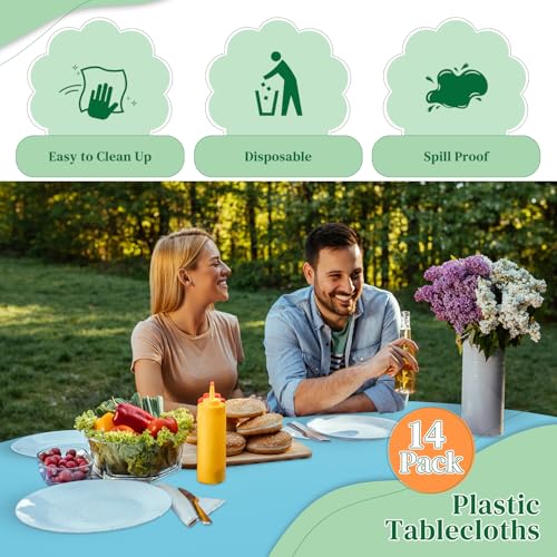 Image of Light Blue 14 Pack 84 Inch Plastic Tablecloths, Disposable Round Plastic Tablecloth, Party Table Cover Plastic Table Cloth