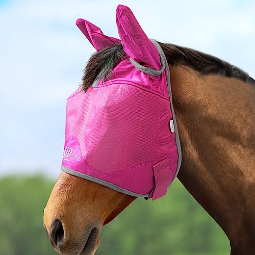 Harrison Howard UV-proof Multi-Function Fabrics Thick Fleece Padding Horse Fly Mask Half Face with Ears Magenta Horse Large