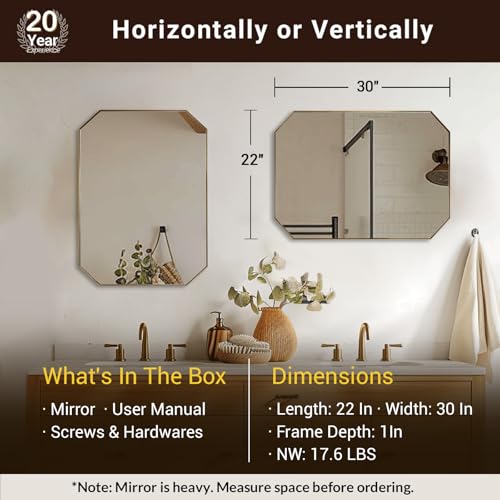 Image of ANDY STAR Gold Octagon Bathroom Mirror, 22x30 Inch Stainless Steel Metal Frame, Anti-Rust, Shatterproof HD Glass, Wall Mounted for Bathroom, Bedroom, Living Room