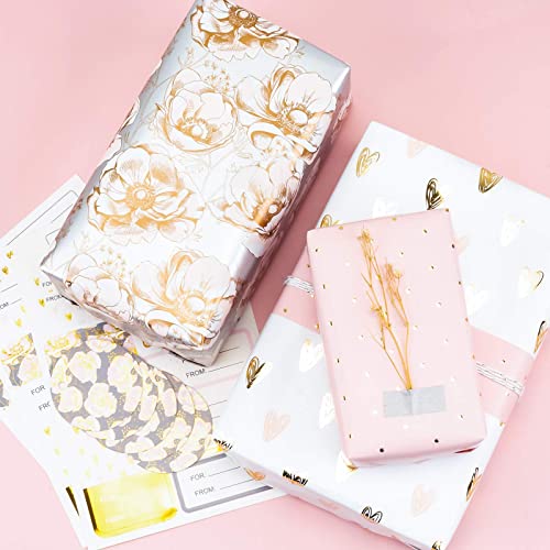 Maypluss Wrapping Paper Set - Mini Roll With Bow & Ribbon & Gift Tags & Stickers- 17 Inch X 120 Inch Per Roll - Pink And Gray Floral Design (42.3 Sq.ft.ttl) #TOP6