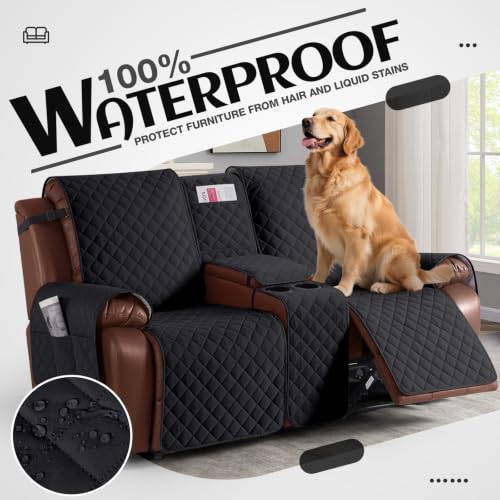 Image of KinCam 100% Waterproof Loveseat Recliner Cover with Console, Black