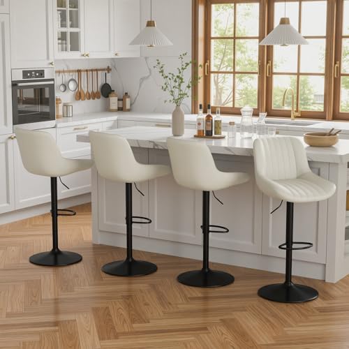 Image of Nalupatio Bar Stools Set of 4, Adjustable Modern Swivel Bar Stools with Backs, Counter Height Performance Fabric Island Chairs for Home Kitchen, Off-White