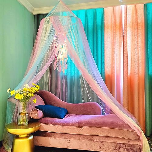 Image of Rainbow Bed Canopy Mosquito Net, Princess Bed Canopy for Girls Room Decor or Unicorn Theme Party(Rainbow,with Unicorn Dream Catcher /Lights)