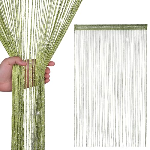 Glitter String Curtain Panel 200x90cm – Sparkling Tassel Fly Screen, Polyester Fringe Room Divider for Doorways, Windows, Parties & Home Decoration (Green)