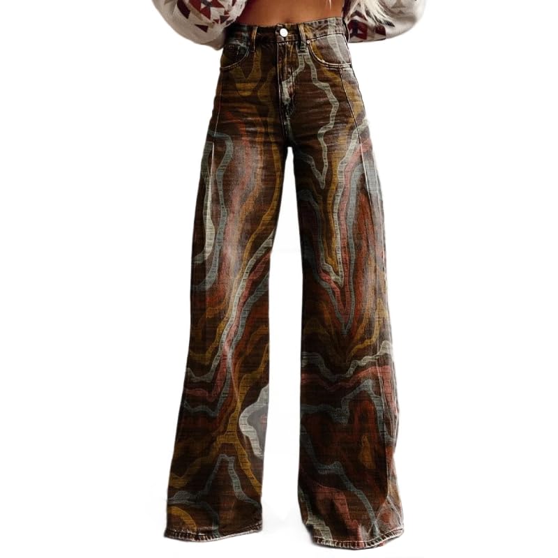 Women Mid Rise Cropped Wide Leg Jeans Boyfriend Baggy Floral Ankle Pants Denim Capris Flare Print Boho Palazzo Jeans