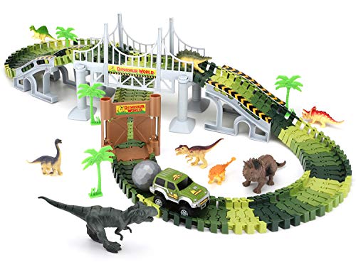 Zooawa Dinosaur Track Toy 142PCS Car Race Tracks Train Set Railway Playset with Flexible Speedway Railroad, Car Racing Toys, Bridge and Dinosaur Figures for Kids and Toddlers, Colorful
