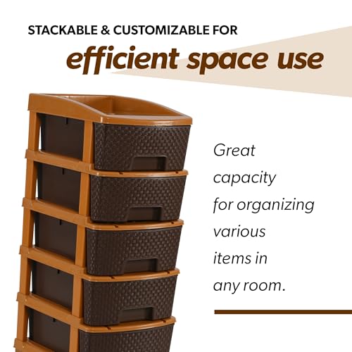 Image of Criusia 5 Tier Plastic Drawer Storage Organiser | Storage Rack | Modular Kitchen & Toy Organizer For Kids Room | Chocolate Brown