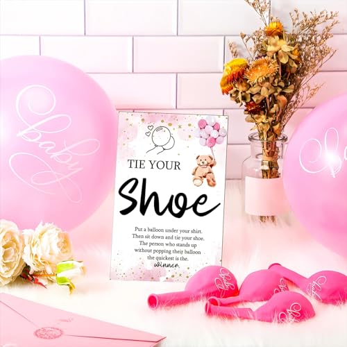 Image of Roowest 51 Pcs Tie Your Shoe Baby Shower Game Sign Wooden Sign Greenery Gift Sets Gender Reveal Party Favors 50 Balloons Latex Balloons for Game Wedding Supplies(Pink,Bear)