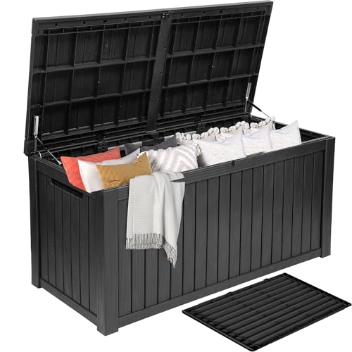 DWVO 220 Gallon Extra-Large Patio Deck Box Waterproof Resin Outdoor Storage Box with Removable Divider for Patio Garden Pool Furniture and Tools Black
