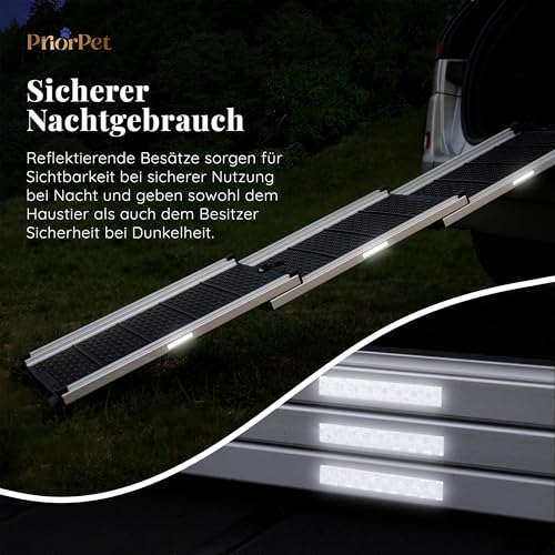 Hunderampe Auto Klappbar - Stabile und rutschfeste Hundeleiter Auto & SUV bis zu 90kg Belastbar - Teleskop Alu Rampe für große Hunde - Reflektierende Seiten - Hundetreppe - Befestigungsclip - Grau