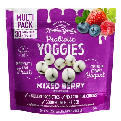 Image of Nature's Garden Probiotic Mixed Berry Yoggies, 21oz (30 x 0.7oz) - Yogurt Covered Fruit Snack, High Fiber, Real Fruit Pieces, Fruit Snack Packs for Adults & Kids