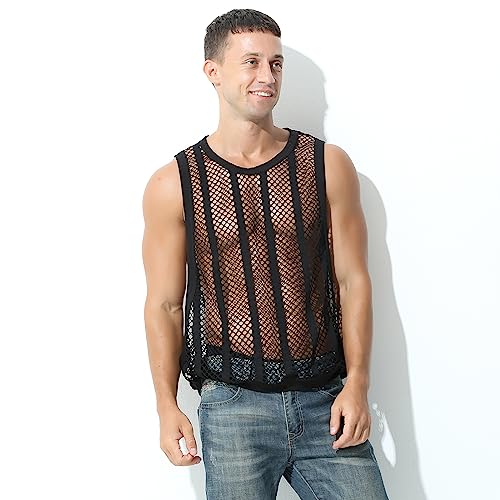 Evankin Mens Sexy Stripe Fishnet Tank Top See Through Mesh Sleeveless Tank Shirt Hollow Out Sheer Undershirts2