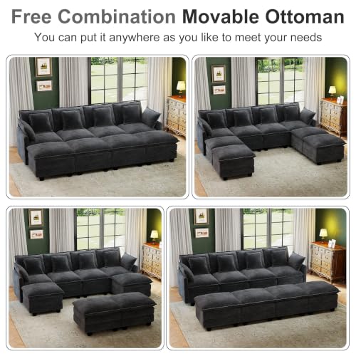 Image of 107 inch Cloud Couch Sectional Modular Sofa, Deep Seat Couches with Ottoman and Removable Washable Pillows for Living Room, Bedroom, Apartment, Black