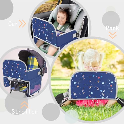 Image of MENZOKE Car Seat Tray for Kids, Essential for Car Travel & Airplane Trips | Toddler Gift with Educational Drawing Board, Tablet Holder, Cooler Cup Holder & Storage Pocket, Space Pattern, Dark Blue