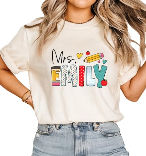 Custom Teacher T-Shirts, Personalized Shirts with Name, Back to School Gifts, Women's White Teacher Outfit
