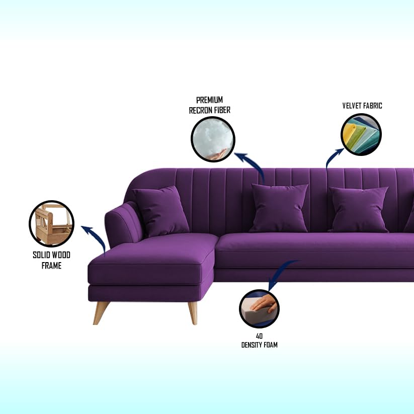 Image of Atticus RHS 6 Seater L Shape Sofa Set for Living Room (Purple Fabric) Premium Fabric Sofa Set