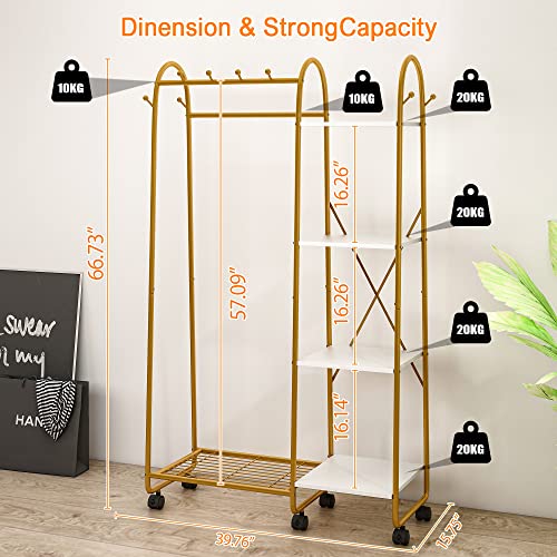 Semoic Gold, 4 Tier Rolling Clothes Racks For Hanging Clothes, Small Garment Rack, Sturdy Closet For Bedroom Living Room Entryway #TOP4