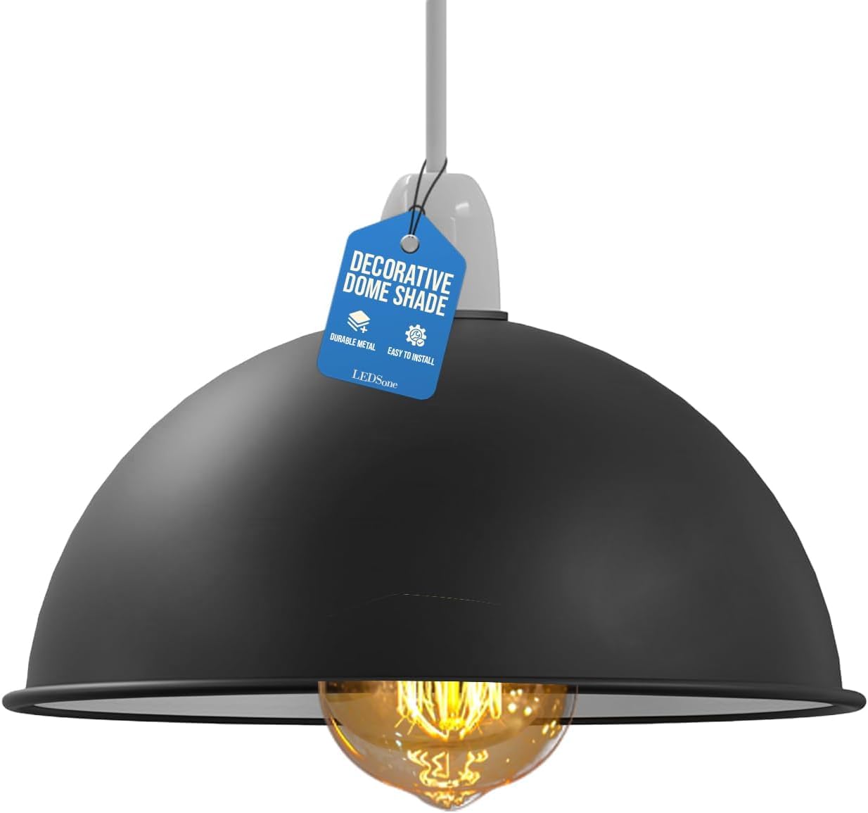Modern Dome Black Inner White Pendant Lamp Shade – 21cm Industrial Metal Ceiling Light Shade Easy Fit Replacement for Kitchen, Bedroom, Living Room, Dining Room, Hallway, Restaurant