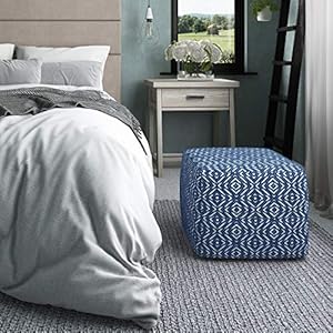 SIMPLIHOME Graham Square Pouf, Footstool, Upholstered in Patterned Blue, Natural Hand Woven Cotton, for the Living Room, Bedroom and Kids Room, Transitional, Boho SIMPLIHOME Graham Square Pouf Footstool Upholstered in Patterned Blue Natural Hand Woven Cotton for the Living Room Bedroom and Kids Room Transitional Boho
