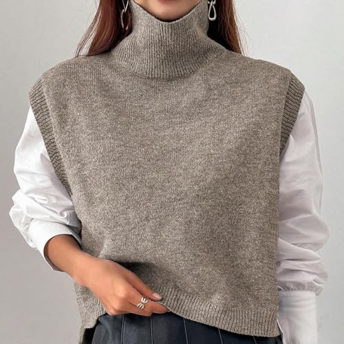 Women High Neck Sleeveless Knit Crop Sweater Vest Casual Loose Fit High Low Hem Turtleneck Knitted Pullover Vest4