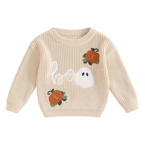 Baby Halloween Sweater Boy Girl Pumpkin Long Sleeve Crewneck Embroidery Knit Sweatshirt Toddler Pullover Tops (Boo Beige, 0-3 Months) Cover