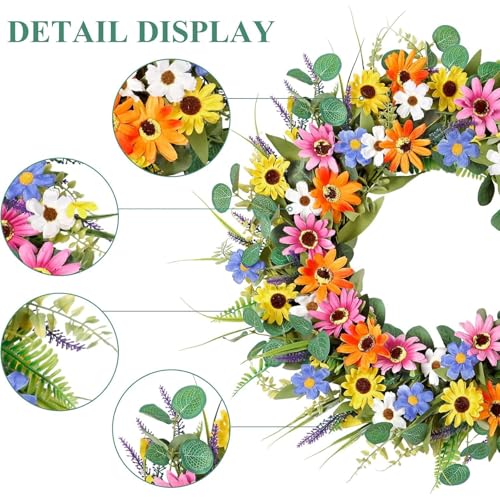 Couronne artificielle de 22 pouces avec fleurs colorées et feuilles d'eucalyptus pour porte - 7