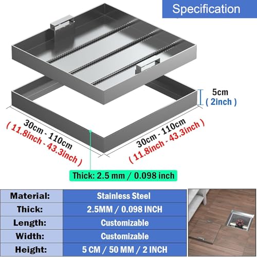 HOFSSI Stainless Steel Manhole Cover and Frame Square Solid Top Reinforced Steel Septic Tank Lid and Base W/Handle Embedded Decorated Sewer Cover(40X40CM(15.7X15.7IN))