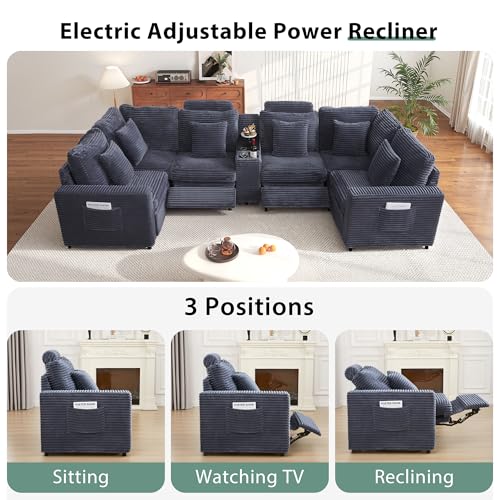 Image of RARZOE Oversized Modular Sectional Sofa with 2 Power Recliner, 6-Seater U-Shaped Corduroy Reclining Couch with Storage Console Charging Cup Holders, Fluffy Comfy Cloud Sofa Couch for Living Room,Grey