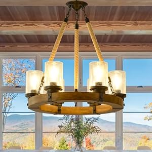 Rustic Wagon Wheel Chandelier with Seeded Glass Shade 6 Light Round Dining Room Chandelier Wood Farmhouse Light Fixture for Living Room Kitchen Island Foyer Entryway