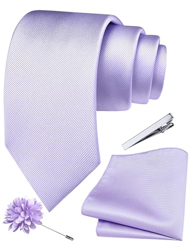 Image of Branduce 3.15 inch(8cm) Solid Formal Tie and Pocket Square Plain Necktie Lapel Pin and Tie Clip Set for Men