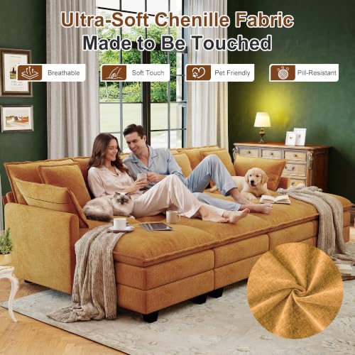 Image of 107 inch Cloud Couch Sectional Modular Sofa, Deep Seat Couches with Ottoman and Removable Washable Pillows for Living Room, Bedroom, Apartment, Orange