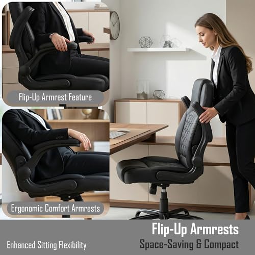 Image of DROGO Aurum Ergonomic Office Chair for Work from Home | Computer Chair for Study | PU Leather Executive Boss Chair with Flip-Up Armrest, Wide Cushion Seat (Black)