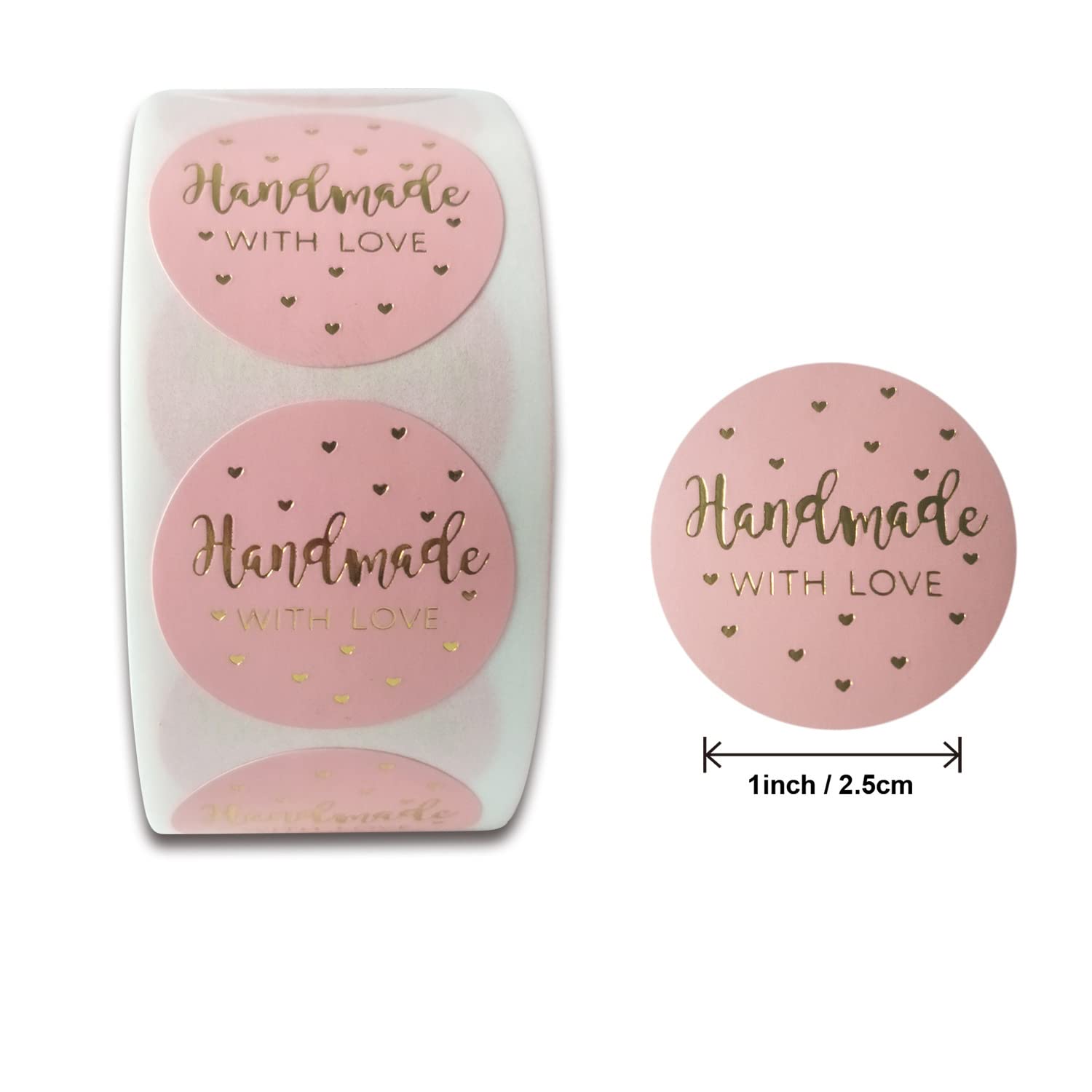 MajorCrafts 500 Labels per roll 2.5cm 1" Pink & Gold 'Handmade with Love' Printed Round Sticker Labels V019 - Image 2