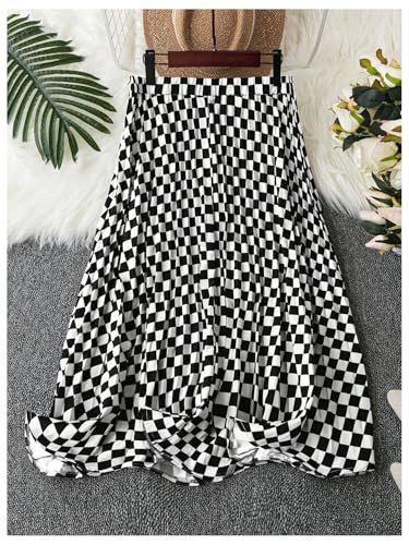 WDIRARA Women's Plus Size Checkered Elastic Waist A Line Flowy Skirt Plaid Flared Midi Skirt2