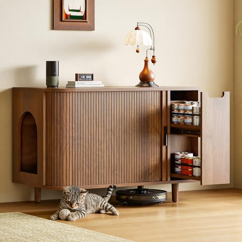 IRONCK Cat Litter Box Enclosure with Sliding Tambour Door, Wooden Litter Box Enclosure Furniture with 2-Layer Drawer, Hidden Cat House, Side End Table for Living Room, Brown