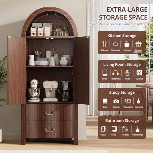 FURSUN 71" Tall Fluted Arched Cabinet with Doors, Wood Pantry Storage Cabinet with 2 Large Drawers, Modern Versatile Bookcase for Living Room, Kitchen, Dining (Dark Walnut)