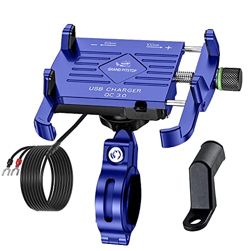 Image of GRAND PITSTOP Mobile Holder for Bikes, Motorcycle, Scooter, Bicycle, Claw Jaw Grip with Charger Bike Mobile Holder, Aluminium Cellphone Holder for Maps & GPS Navigate & 360 Rotation Phone Mount-Blue