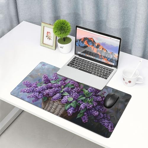 Image of Purple Flower Oil Painting Extended Gaming Mouse Pad, with Stitched Edges Large Mouse Pad Desk Protector, Rubber Base Mousepad Keyboard Mouses Mat for Work Game Office Home- 32 inch X 12 inch Inch