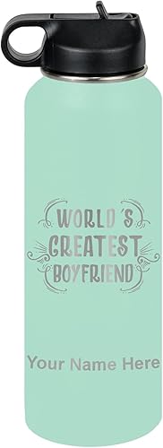 Miniatura 75 de LaserGram Botella de agua personalizada, World's Greatest Boyfriend, acero inoxidable de doble pared aislada al vacío con popote superior, regalo