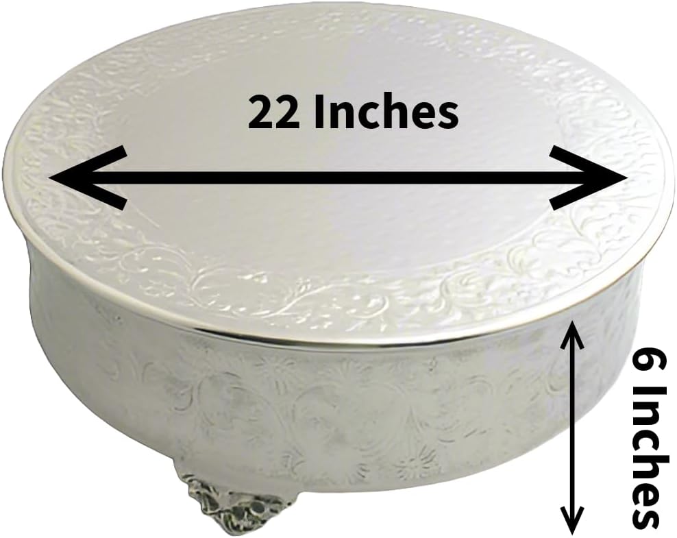 Silver 22" Wedding Cake Plateau. Embossed Luxurious Floral Design Tray. Metal Cake Stand Riser. Wedding Birthday Party Dessert Cake. Pedestal Display Catering Buffet Plate