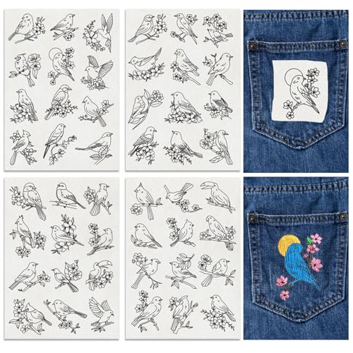 FREEBLOSS 48Pcs Water Soluble Embroidery Patterns Hand Sewing Stabilizer Embroidery Stickers Birds Theme Water Soluble Stabilizer for Clothing Repair 4 Sheets